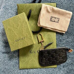 100% Authentic Gucci Guccissima Key Pouch Keychain/Coin Purse Case Black Leather